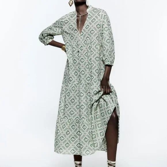 Zara Dresses & Skirts - Zara Long Print Dress Green Flounced Hem Tie Neck Boho Round Collar Large Maxi